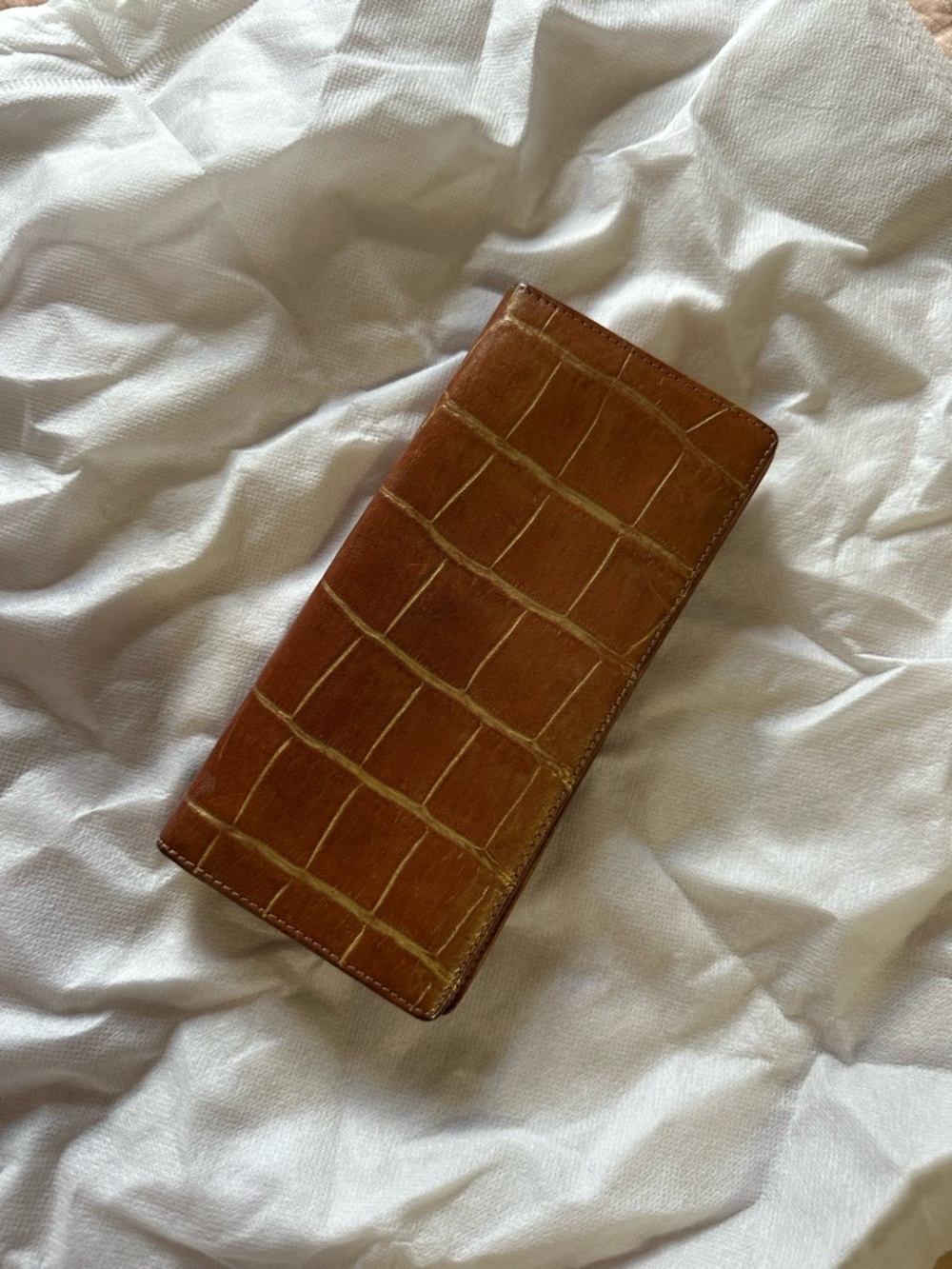 MONSAC Caramel Croc-Embossed Leather Long Wallet with Gold Detailing